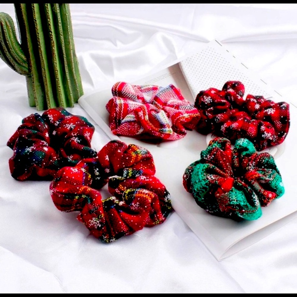 Various plaid patterns and color hair scrunchies.